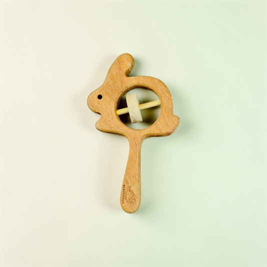 Babyosaur Neem Wood Rabbit Rattle for Babies (3+ Months) | Natural Teething & Rattle Toy | Antibacterial, Non-Toxic, BPA-Free Wooden Baby Toy | Safe & Eco-Friendly