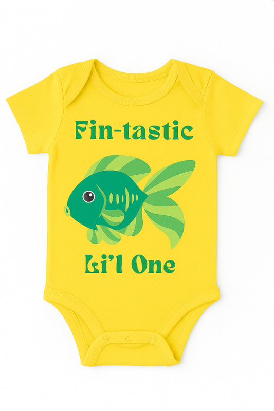 Babyosaur 100% Premium Cotton Onesie for Infants| Fintastic Lil One | 0-12 months| Soft Breathable| Snap Closure| Hypoallergenic Dyes