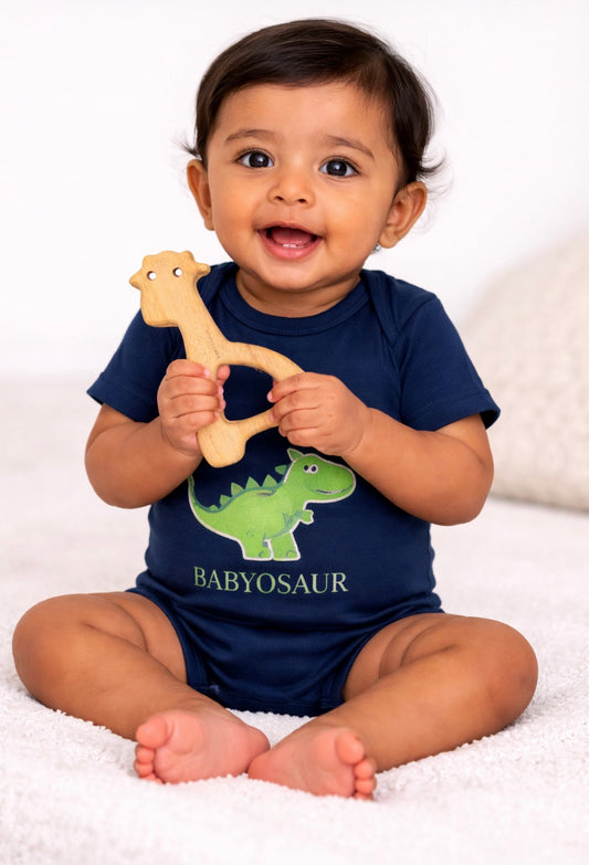 Babyosaur Neem Wood Giraffe Teether for Babies (3+ Months) | Natural Antibacterial Wooden Teething Toy | Non-Toxic, BPA-Free, Eco-Friendly Infant Gum Soother | Made in India