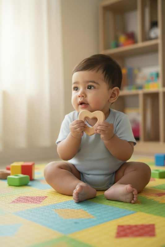 Babyosaur Neem Wood Teether for Babies (3+ Months) | Natural Antibacterial Wooden Teething Toy | Non-Toxic, BPA-Free, Eco-Friendly Infant Gum Soother| Cloud | Made in India