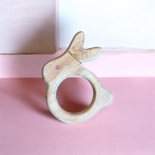 Babyosaur Neem Wood Rabbit Teether for Babies (3+ Months) | Natural Antibacterial Wooden Teething Toy | Non-Toxic, BPA-Free, Eco-Friendly Infant Gum Soother | Made in India
