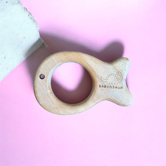 Babyosaur Neem Wood Fish Teether for Babies (3+ Months) | Natural Antibacterial Wooden Teething Toy | Non-Toxic, BPA-Free, Eco-Friendly Infant Gum Soother | Made in India